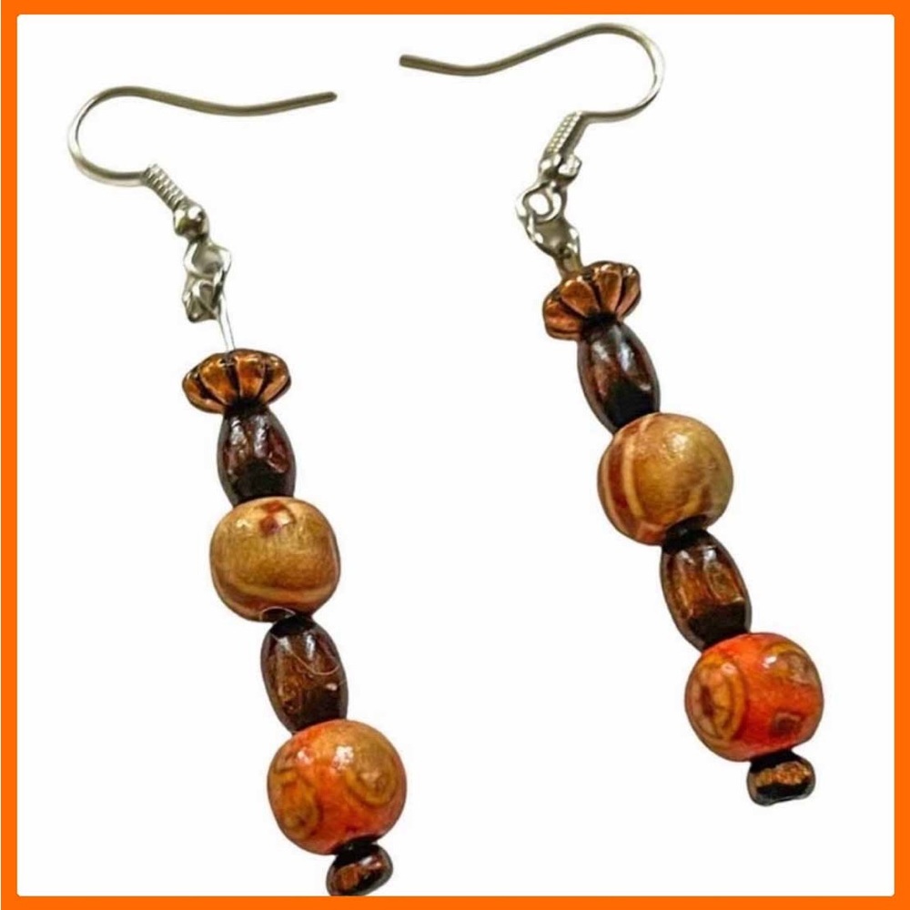 New Handmade Sterling Silver Petrified Wood Orange Brown Wooden Dangle Earrings - Picture 4 of 11